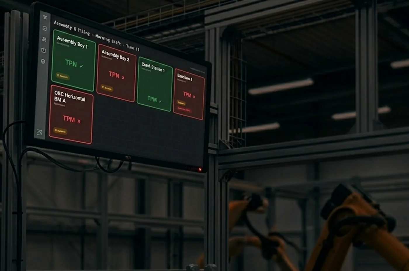 LineKeep TPM dashboard on a shop floor monitor showing work center statuses