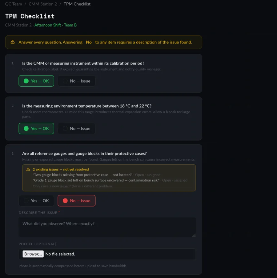 TPM checklist with yes/no questions and issue tracking
