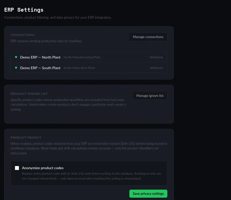 ERP connection settings screen